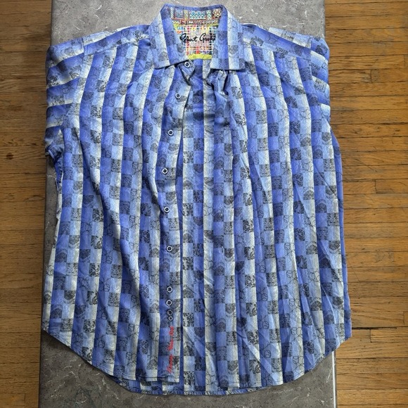 Robert Graham Blue Shirt Sz M Flip Cuff Playing Cards Gambling Checkerboard - Picture 4 of 8